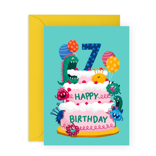 Birthday Card 7 Year Old Girl Boy - Monster Age 7 - Happy Birthday Card For Kids - Seventh Bday Milestone Gifts For Son Daughter Nephew Niece Grandson - Age Seven - Comes With Stickers By Central 23
