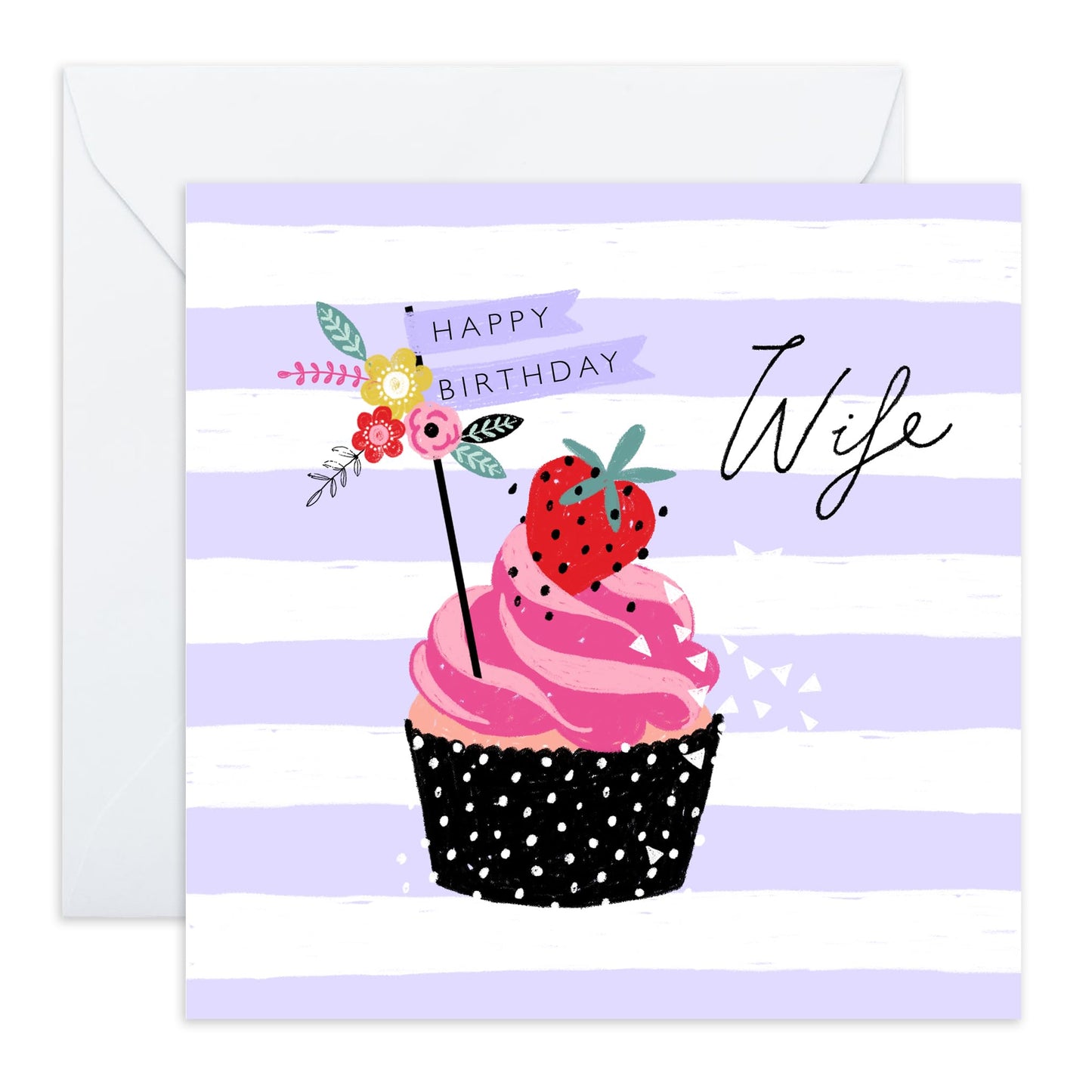 Wife Birthday Card - Bday Cupcakes - Purple Birthday Cards for Women - Happy Birthday Wife Card - Sweet Heartfelt Gifts for Her - Comes With Cute Stickers By Central 23