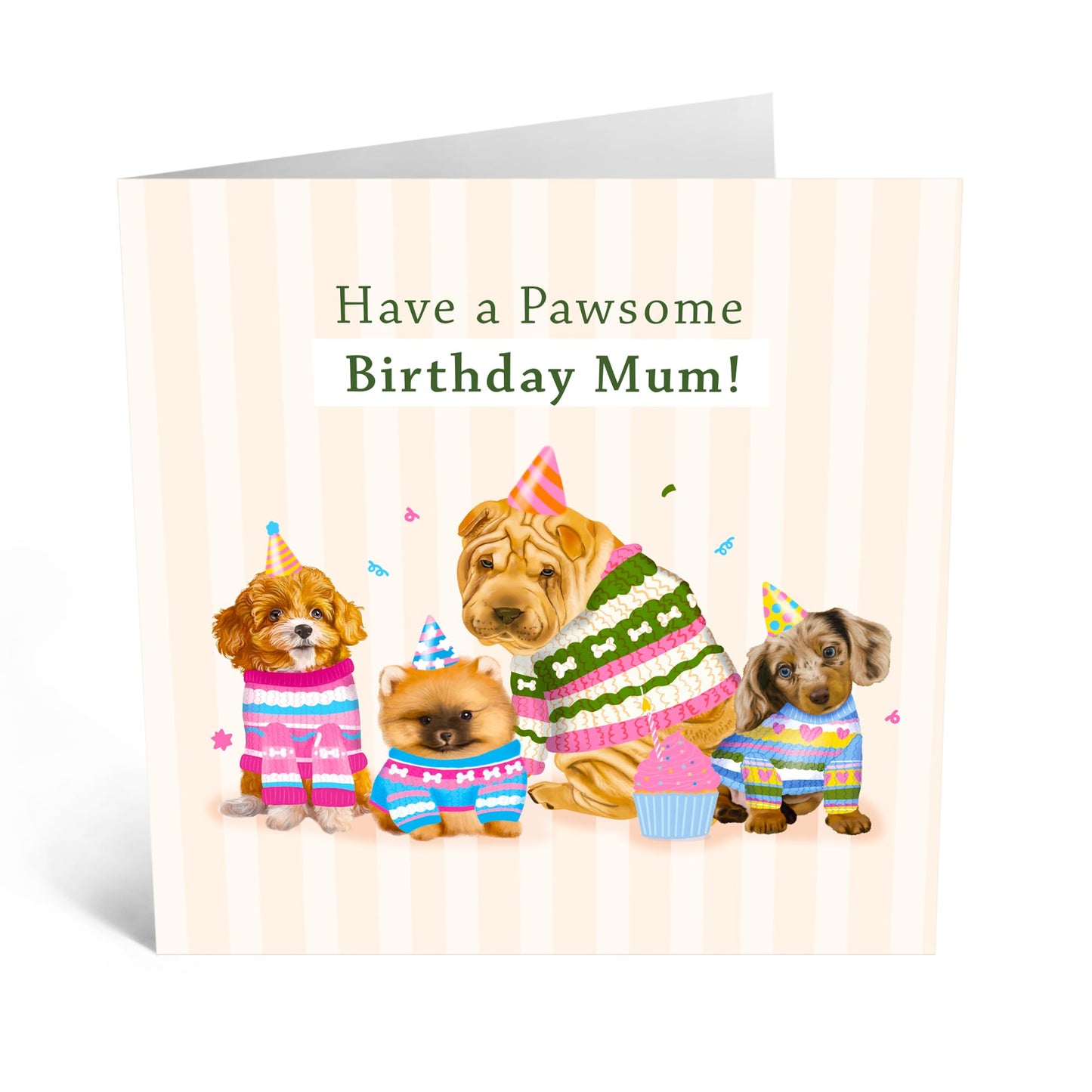 Adorable Dogs Birthday Card - 'Pawesome Birthday Mum' - Gifts for Fur Mums, Best Friend, BFF, Colleagues, Co-worker, Animal, Pet Lover - Bday Hats - Comes with Fun Stickers