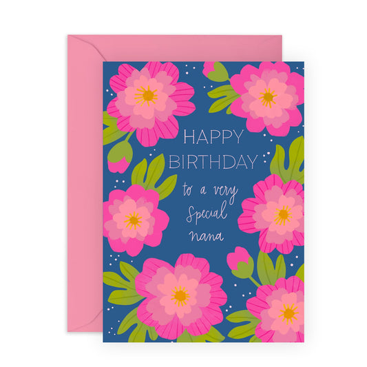 Lovely Birthday Card For Grandmothers - 'Nana Floral' - Gifts for Grandma, Grandparents, Gran, Family - Pink Flowers - Comes with Fun Stickers