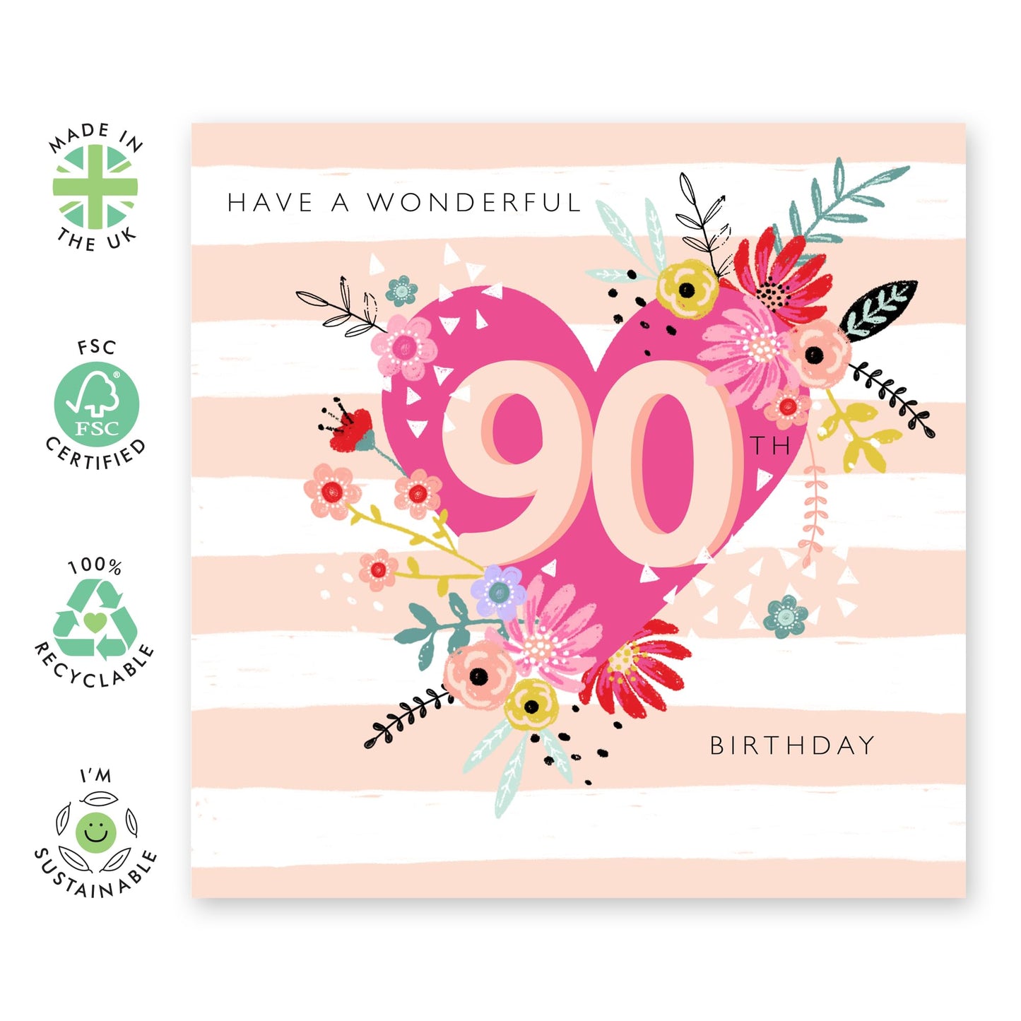 Happy 90th Birthday Card For Grandma - Nan Birthday Card Age Ninety - Pretty Hearts Flowers - Gifts For Women Nan Wife - Elegant Floral Milestone Cards - Comes With Cute Stickers By Central 23