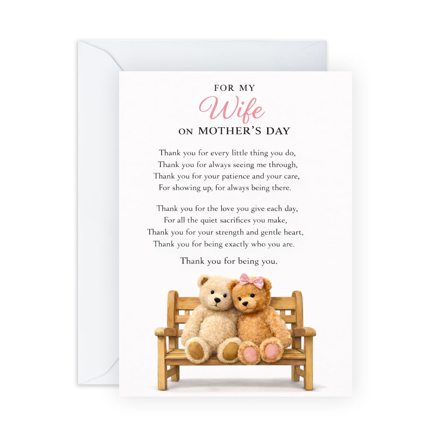 Wife Mother’s Day Card – Romantic Message for Her Wifey Spouse Partner Babe Women - Keepsake From Husband Partner – Teddy Bear, Thank You and Appreciation - Comes with Sweet Stickers