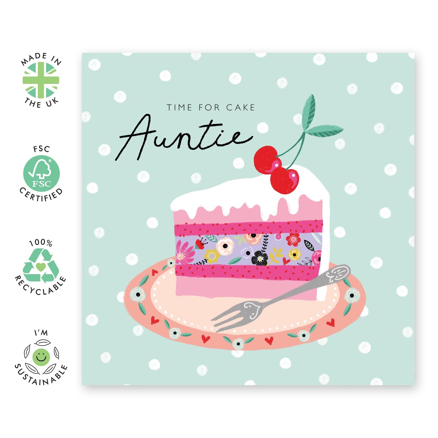 Auntie Birthday Card - Time For Cake Sweet Greeting Cards For Her - Pink Candles Cake Slice - Happy Birthday Aunty Bday Card - Heartfelt Gifts For Women Female Tia - Comes With Stickers By Central 23