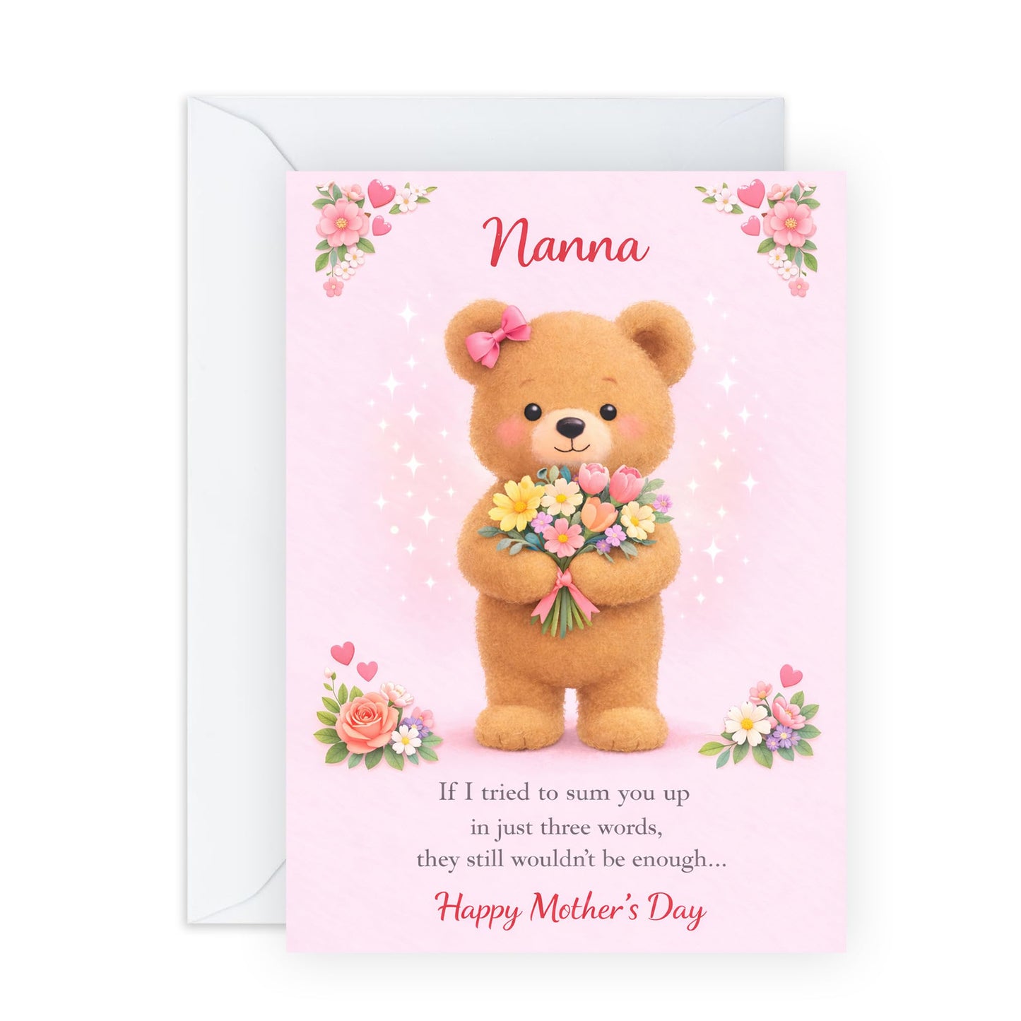 Nanna Mother’s Day Card – Teddy Bear with Flower Bouquet – Greetings for Grandma Grandmother Her Ladies Women from Granddaughter Girls Teens - Adorable and Thoughtful - Comes with Cute Stickers