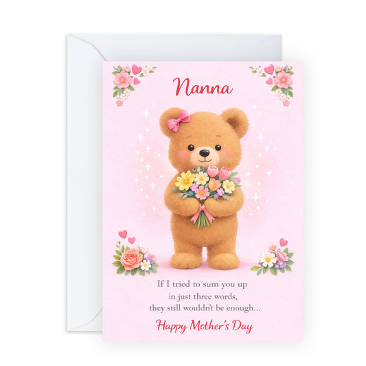 Nanna Mother’s Day Card – Teddy Bear with Flower Bouquet – Greetings for Grandma Grandmother Her Ladies Women from Granddaughter Girls Teens - Adorable and Thoughtful - Comes with Cute Stickers