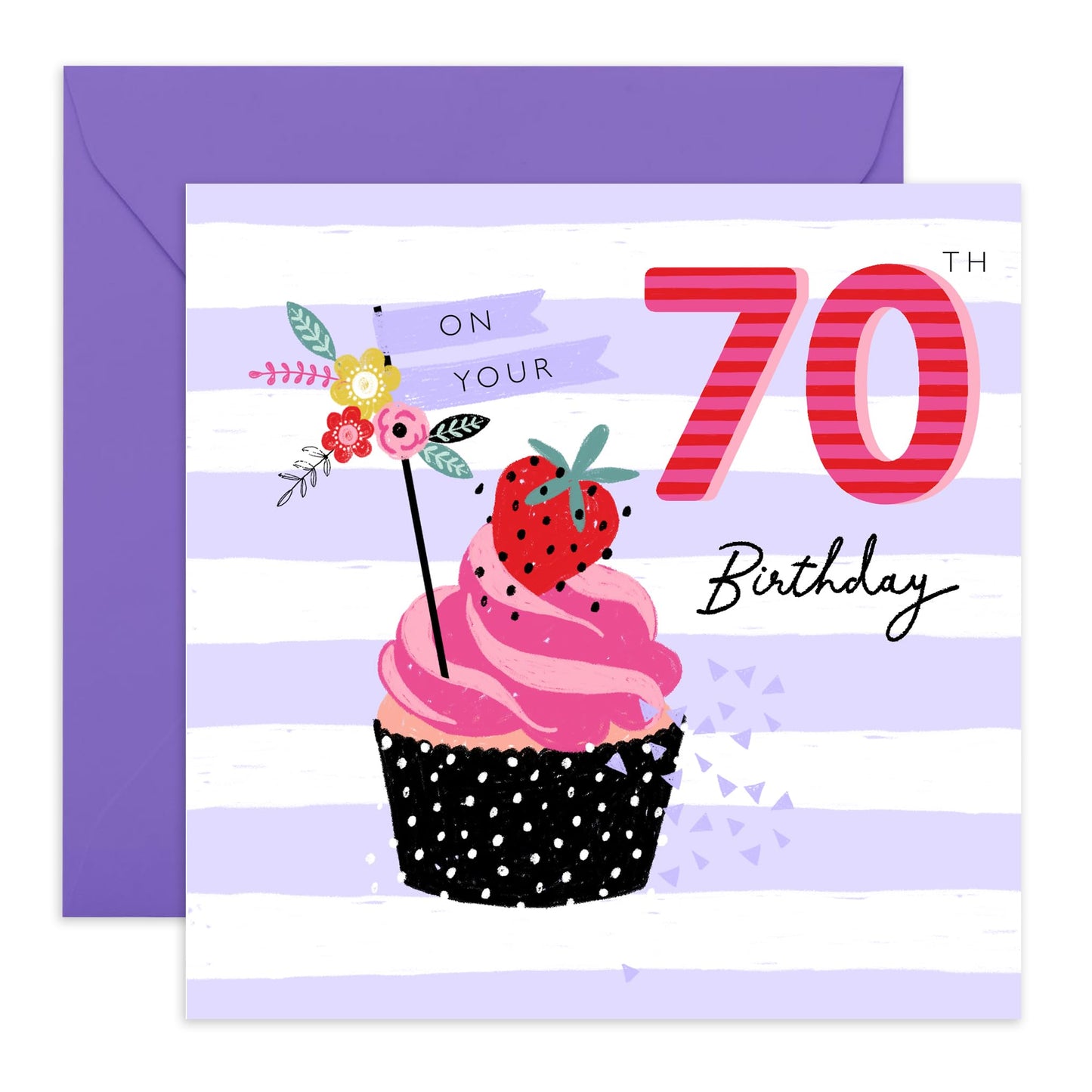 70th Birthday Card For Female - Cupcake - White And Lilac Stripes - Pretty Greeting Cards For Women - 70 Year Old - Mum Birthday Gifts - Comes With Stickers - By Central 23