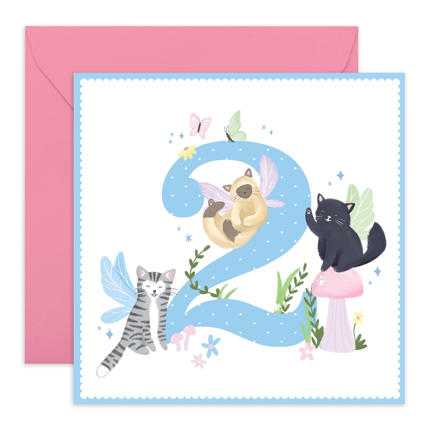 2 Year Old Birthday Card Girl - Fairy Cat 2 Years - Happy 2nd Birthday Card For Kids - Baby Milestone Age Two - Gifts For Daughter Niece Granddaughter - Comes With Fun Stickers - By Central 23
