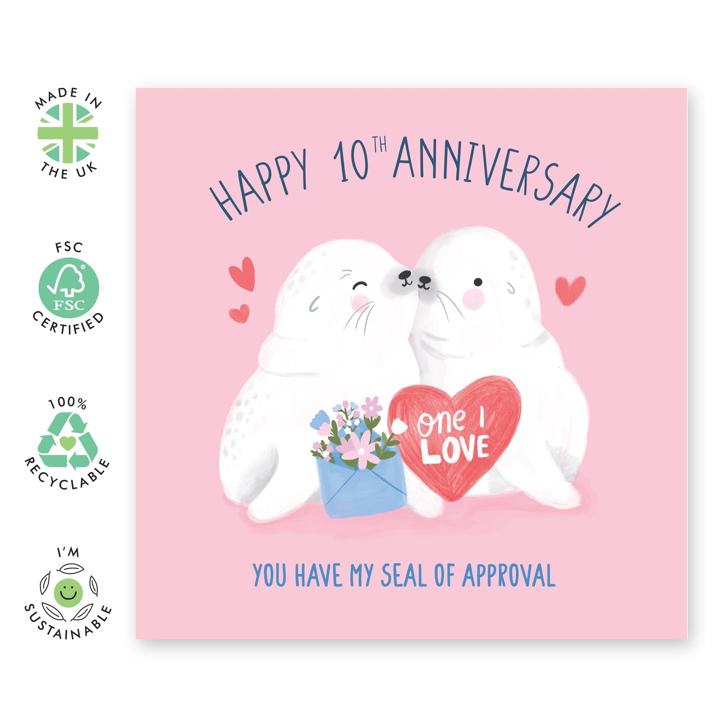Anniversary Greeting Card - 'SEAL 10 YEARS' - Perfect for Celebrating a Decade of Love with a Cute Seal Design - Ideal for Joy & Milestone Cheer to Your Special Day - Comes With Stickers By Central 23