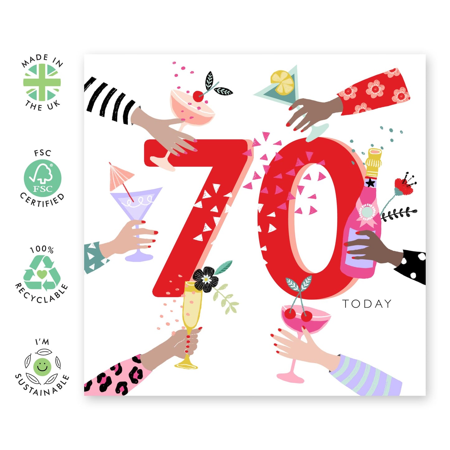 70th Birthday Card For Nan - Champagne Cocktail Cheers - Pretty Birthday Cards For Her - Mum Sister Grandma Friends - Age Seventy - Comes With Stickers - By Central 23