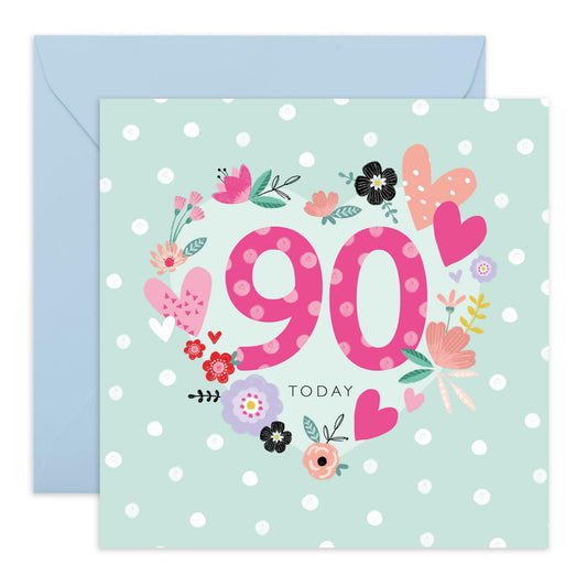 Happy Birthday Card For Women - Age Ninety - 90th Birthday Card For Grandma - Pretty Heart Wreath Greeting Cards For Her Ninetieth - Gifts For Mum Wife Aunt Nan - Comes With Stickers By Central 23