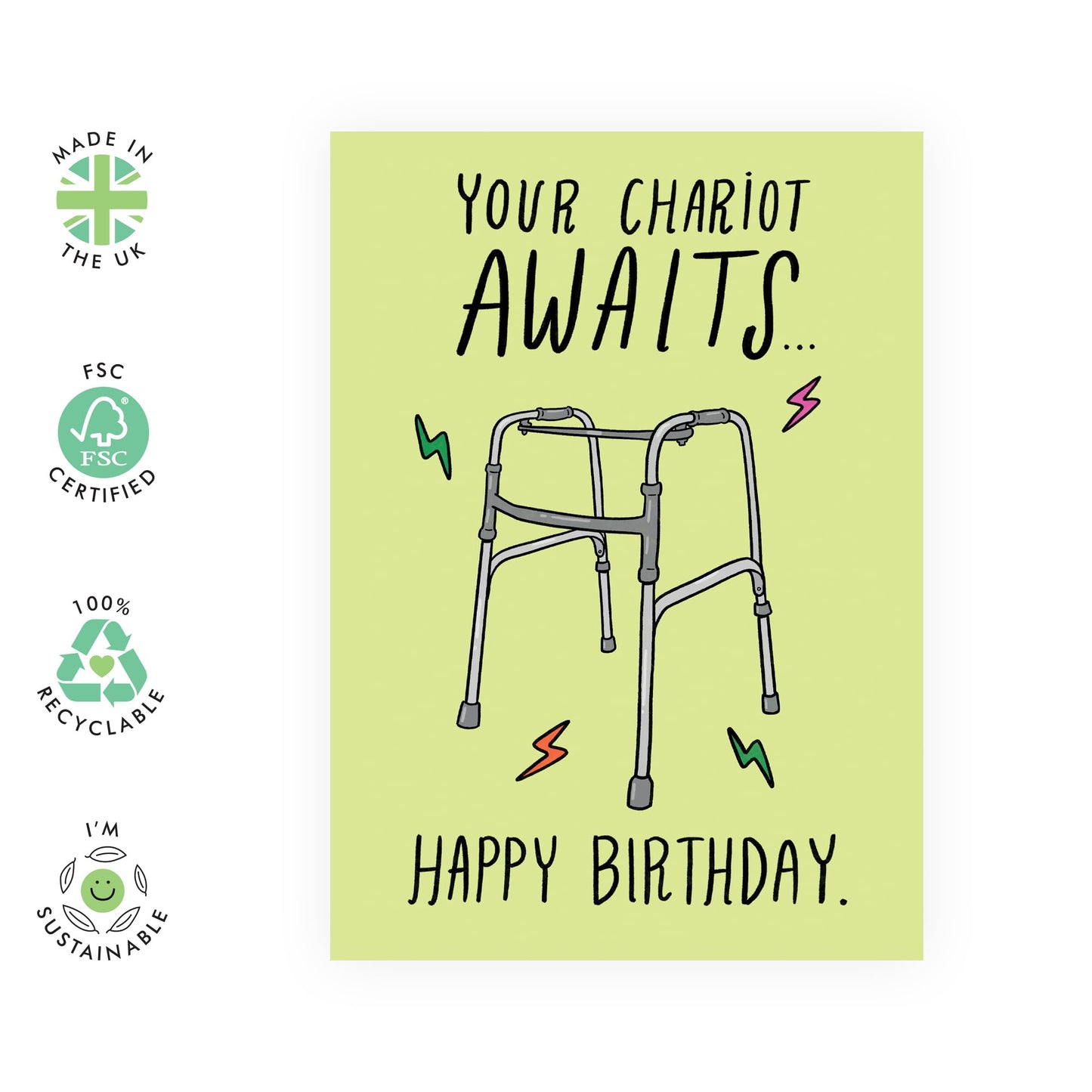 Hilarious Happy Birthday Card - 'Your Chariot Awaits' - Jokes for Friends, Coworkers, Family, Uncle,Auntie, Mum, Dad - Retirement Age- Comes with Fun Stickers