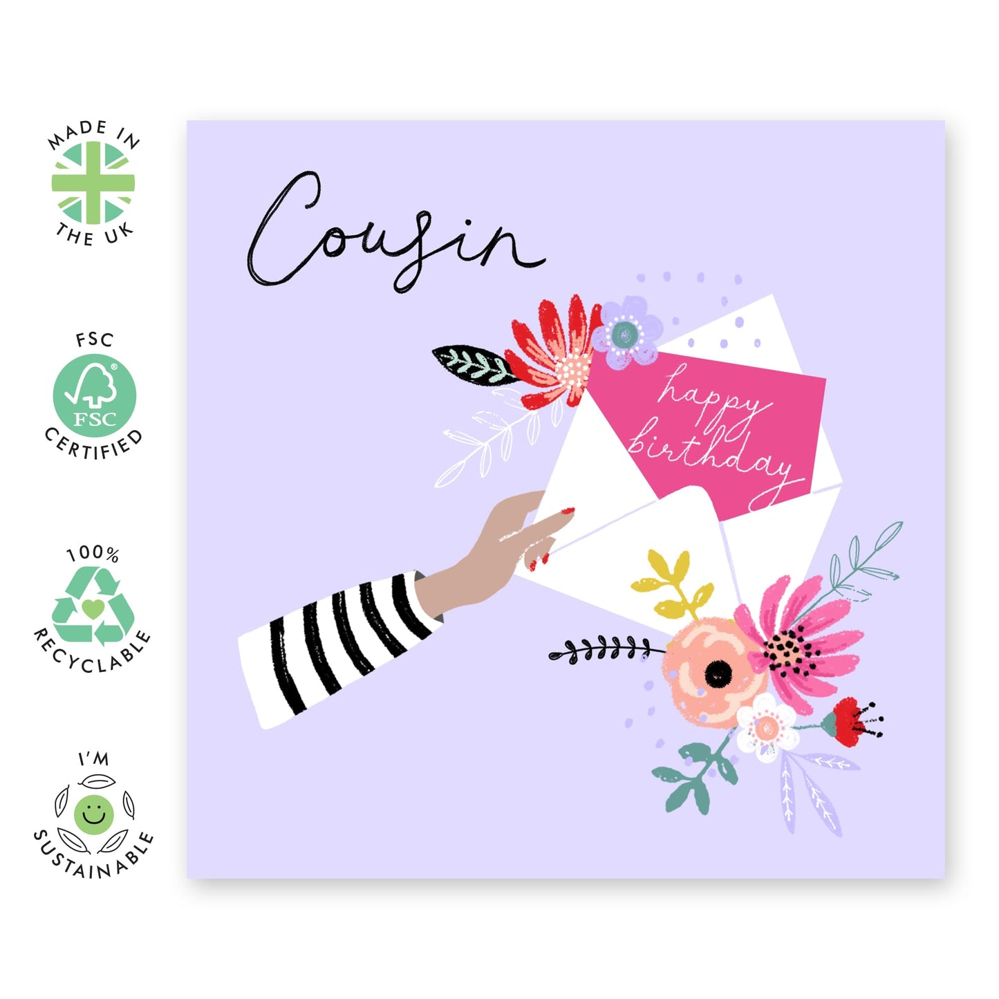 Purple Birthday Card For Cousins - Pretty Floral Cards And Envelope - Happy Birthday Card For Her Women Female Ladies - Gift For Women - Comes With Stickers - By Central 23