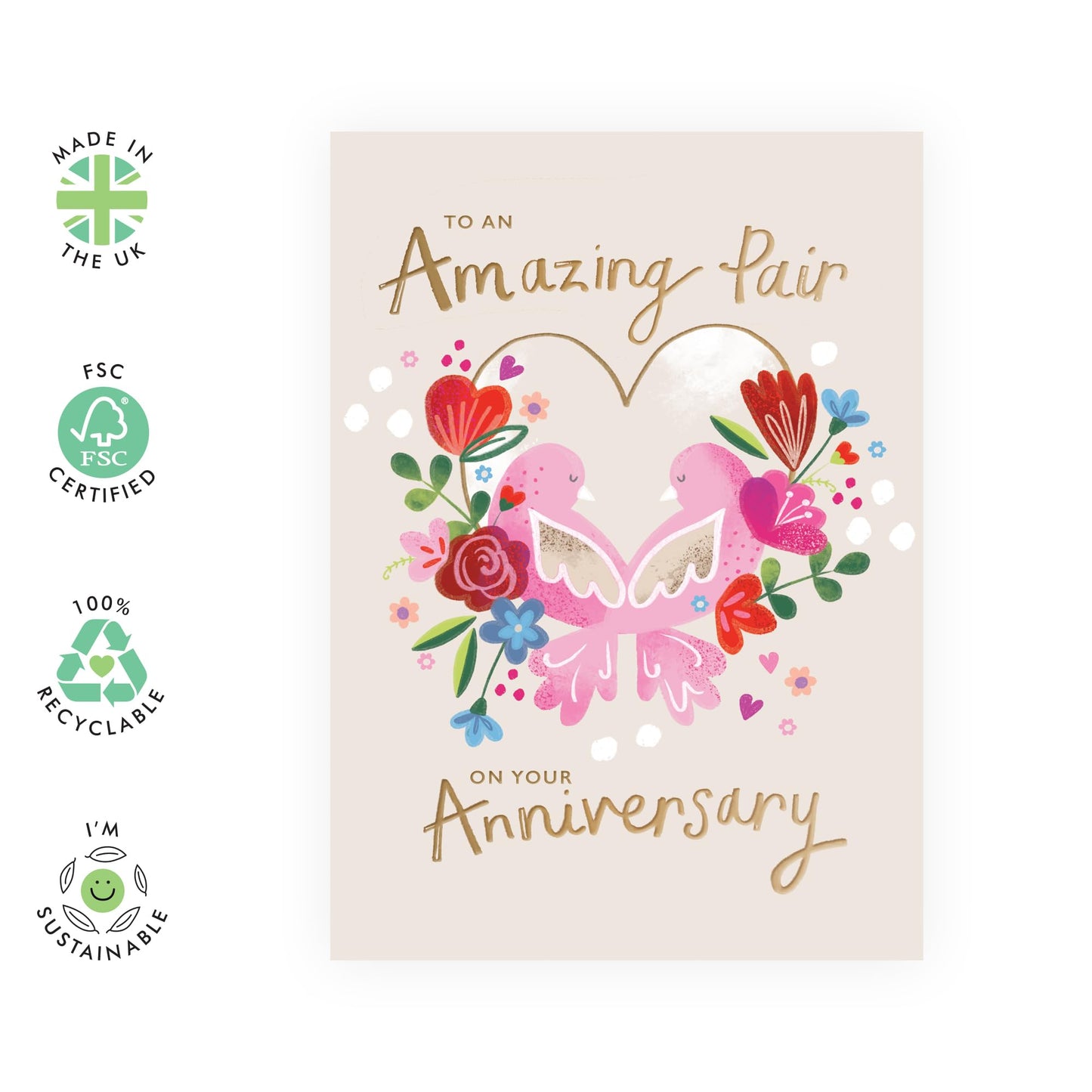 Beautiful Anniversary Card for Them – 'To an Amazing Pair on Your Anniversary' – Romantic and Elegant Design for Couples, Friends, Relatives, Neighbours and Family - Love Birds