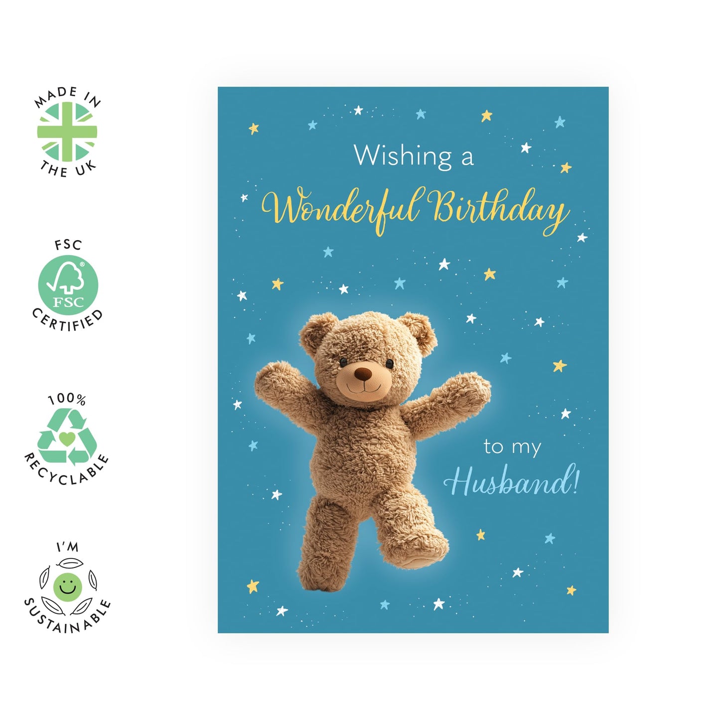 Birthday Card for Him - 'Wonderful Birthday Bear Husband' - Gifts for Men, Spouse, Other Half, Babe - Bear Hugs - Comes with Fun Stickers