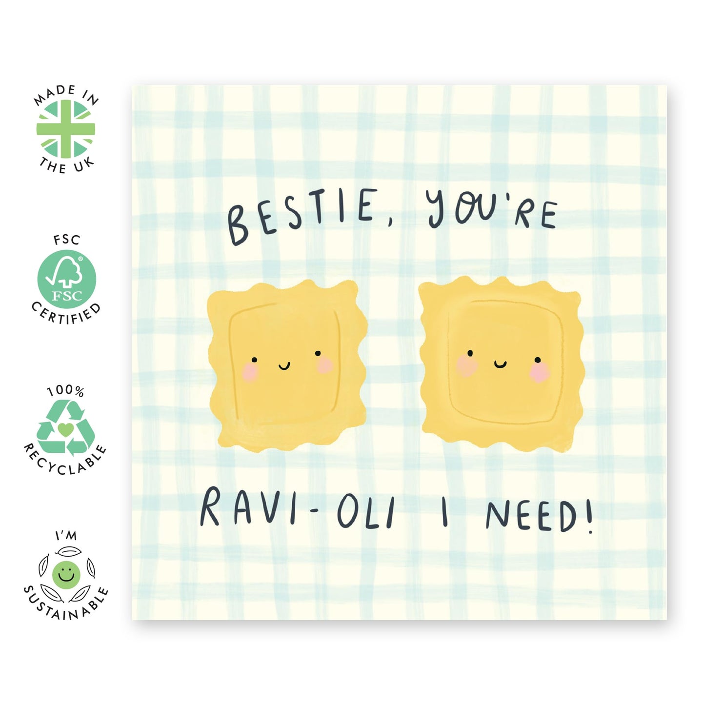 Pasta Friends Greeting Card - 'Ravioli Bestie' Greetings for BFF, Besties, Best Friend, Gals, Close Friends, Girlfriend - Cute Message - Comes with Fun Stickers