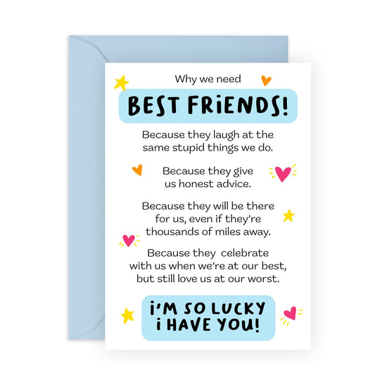 Greeting Card - 'WHY WE NEED BEST FRIENDS' - Perfect for Celebrating the Value of True Friendship - Ideal for Expressing Appreciation & Love for Your Closest Friend - Comes With Stickers By Central 23