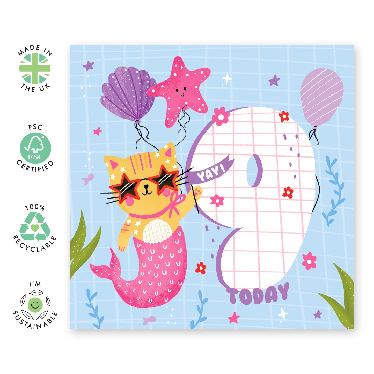 Girls Birthday Cards Age Nine - Mermaid Cat - Ninth Birthday Cards For Kids - 9th Bday Cards For Her - Gifts For Daughter Niece Granddaughter - Comes With Stickers By Central 23