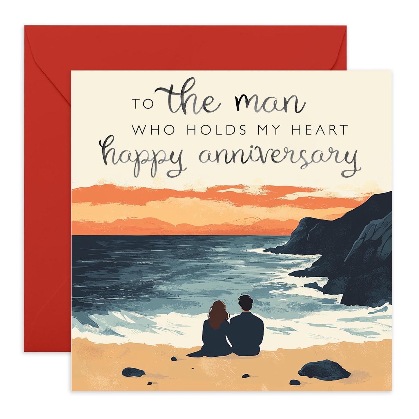 Romantic Anniversary Card for Husband - 'The Man Who Holds My Heart' - Gifts for Him, Spouse, Babe, Darling, Men, Other Half - On The Beach - Comes with Fun Stickers