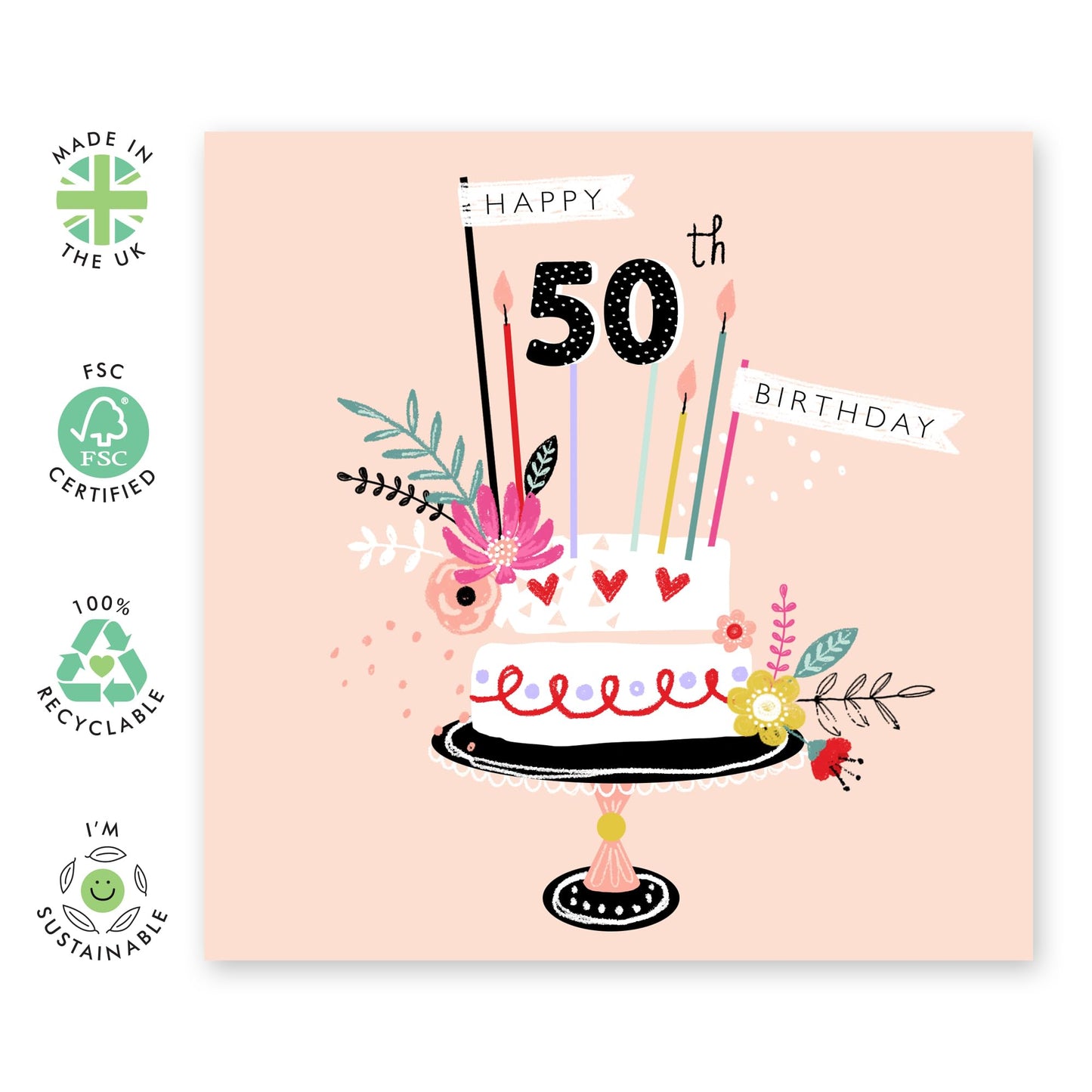 50th Birthday Card For Her - 50th Birthday Cake - Mummy Floral Birthday Card - Wife Mum - Gift For Women - Fiftieth Birthday Greeting Card Sister Female Friend - Comes With Fun Stickers By Central 23