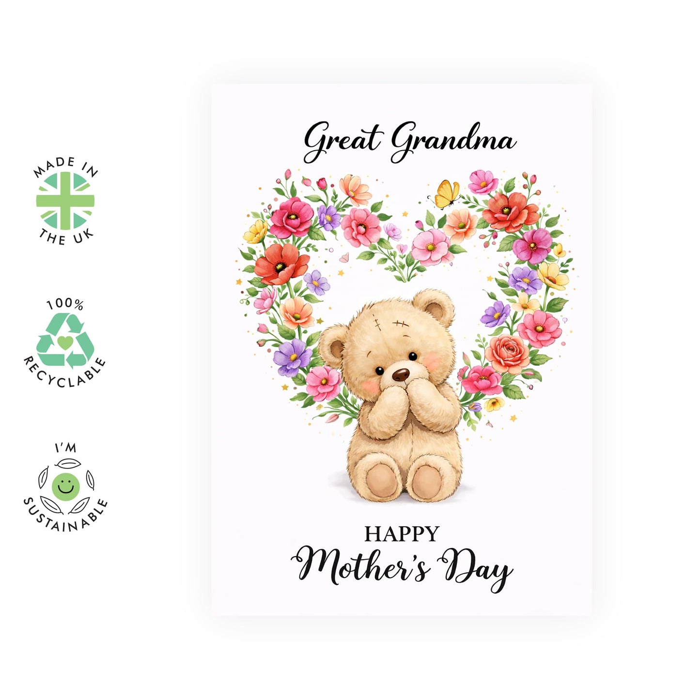 Mother’s Day Card for Great Grandma - Cute Teddy Bear & Floral Heart Greeting Card - Sweet Keepsake for Great-Grandmother - Made in UK - Includes Premium White Envelope