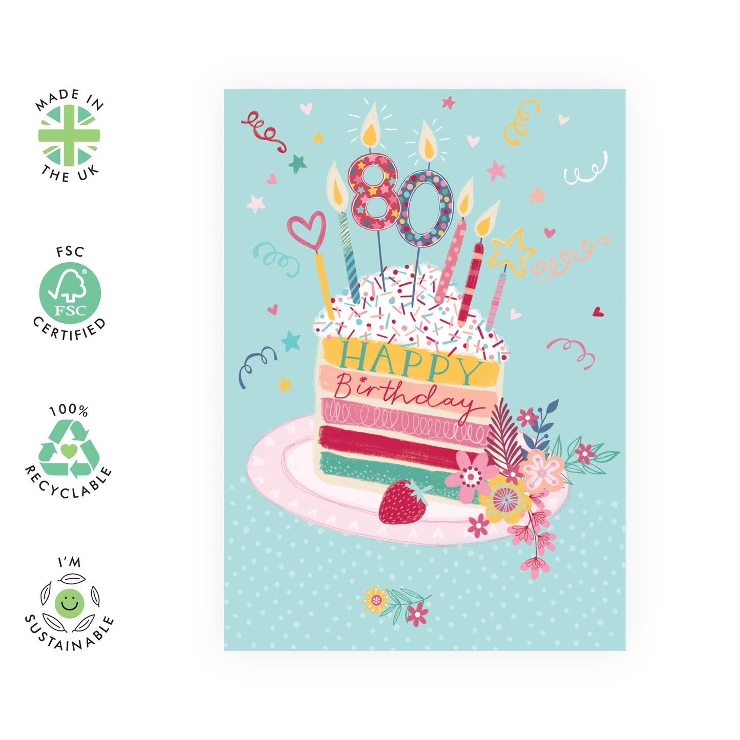 80th Birthday Card For Women - Cake 80 - Floral Gifts For Her - Happy Eightieth Birthday Cards For Sister Friends Mum Auntie Grandma Wife - Comes With Fun Stickers - By Central 23