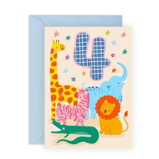 4th Birthday Card Boy Girl Kids - Cute Safari Animals - Happy Birthday Card Age Four - Happy Birthday Cards For Son Granddaughter Niece Toddler - Forth Bday Gifts - Comes With Stickers By Central 23