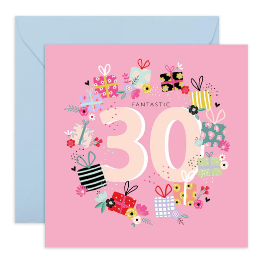 30th Birthday Card For Women - Fantastic 30th Present Wreath - Wife Mum Mummy - Gift From Husband Daughter Niece - Happy Thirtieth Birthday Greeting Card - Comes With Stickers By Central 23