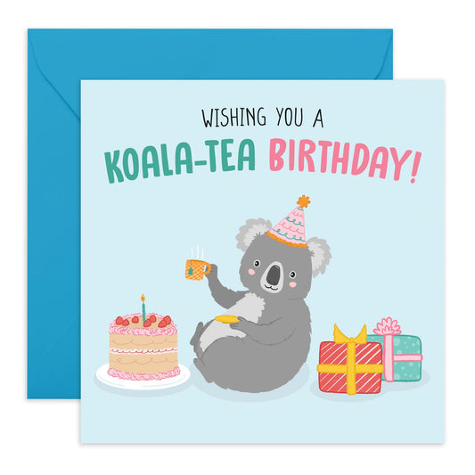Birthday Card with Adorable Animals - 'Koala-Tea Birthday' - Gifts for Best Friends, Besties, BFF,Girlfriends, Sister, Colleagues, Partners, Grandma - Tea and Cake - Comes with Fun Stickers