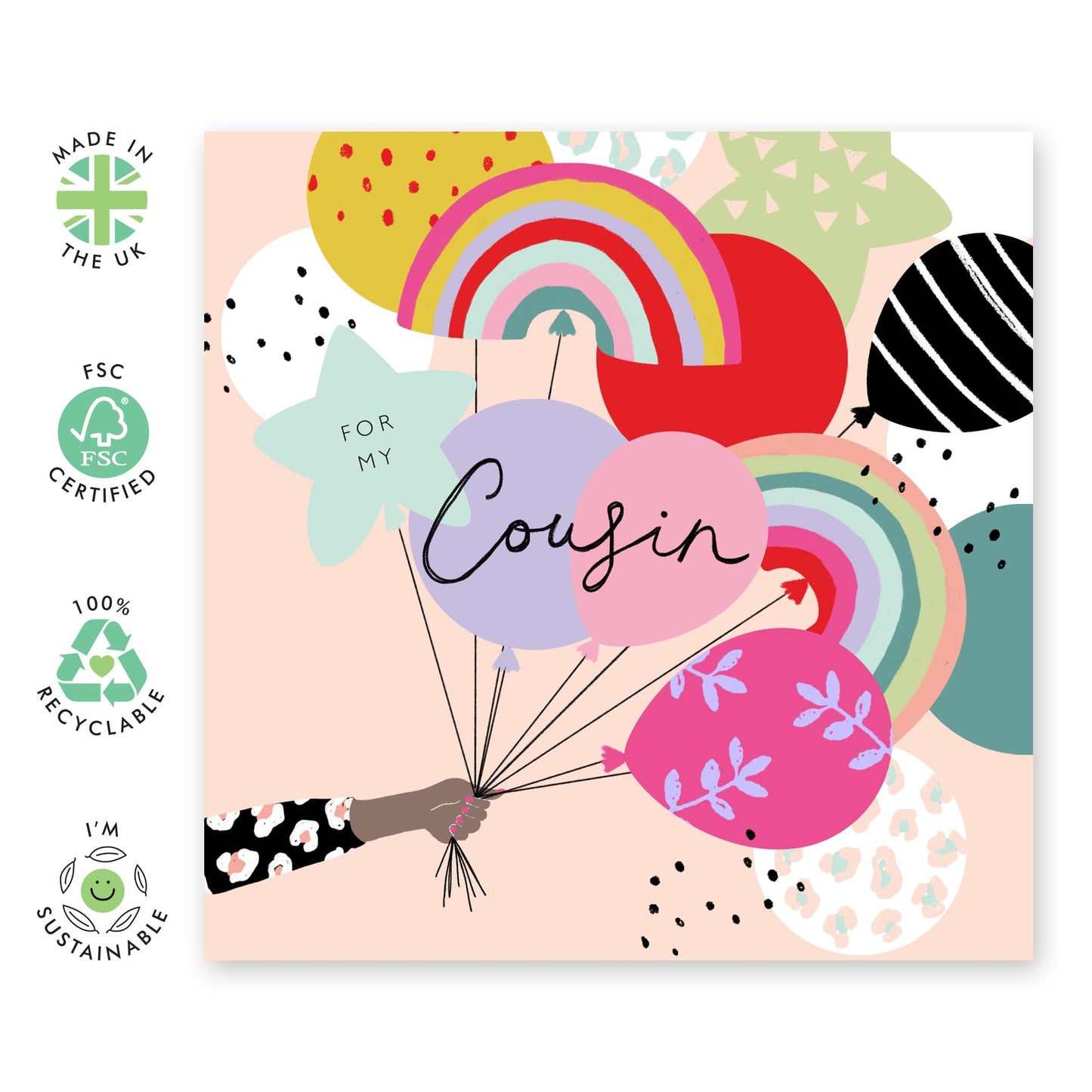 Cousin Birthday Cards For Her - Rainbow Balloons - Happy Birthday Greeting Cards And Envelopes For Girls Ladies Female - Gifts For Women - Comes With Fun Stickers - By Central 23