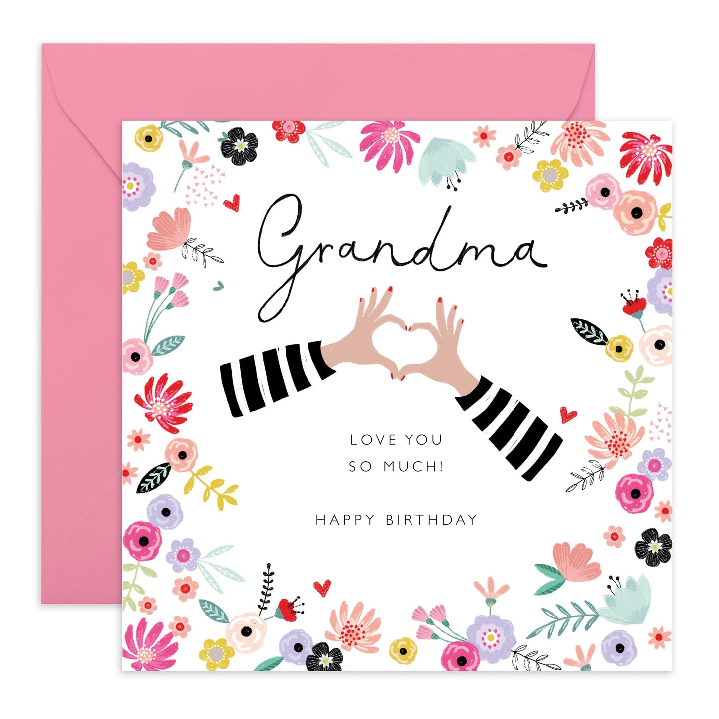 Grandma Birthday Card - I Love You Card - Pretty Greeting Cards For Grandmother - Flowers Hand Hearts - Nana Birthday Card For Her - Gifts For Women - Comes With Stickers By Central 23