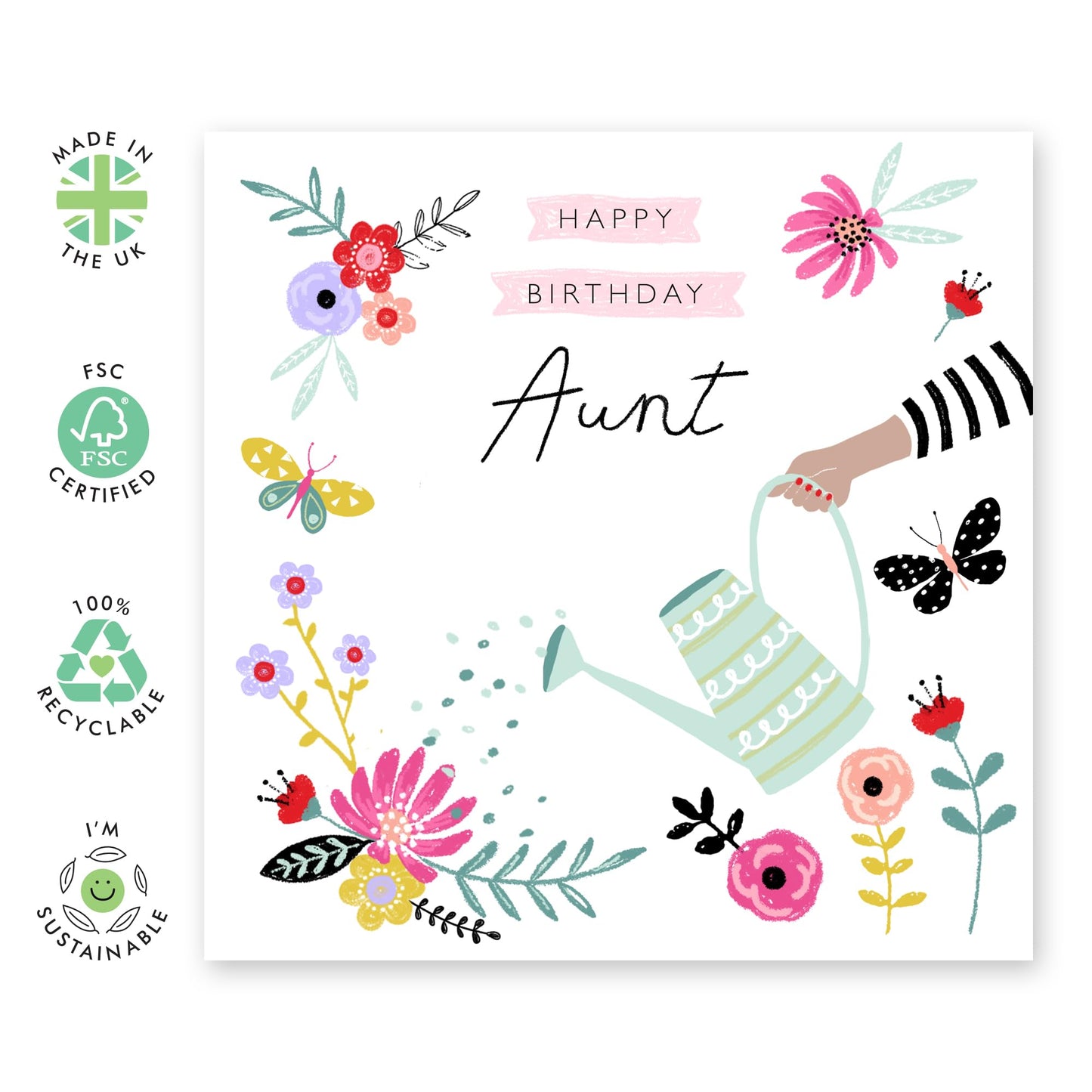 Birthday Card For Aunt - Aunt Flowers + Watering Can - Happy Birthday Aunty Greeting Card - Gift From Niece Nephew - Heartfelt Gifts Women Tia - Comes With Fun Stickers - By Central 23