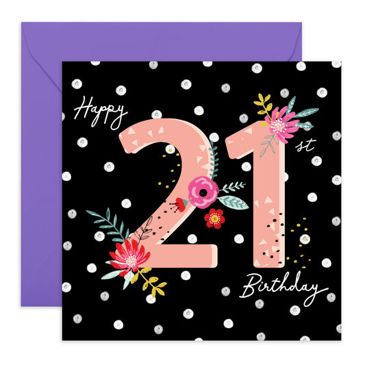 21st Birthday Card For Her - 21st Polka Dot - Women Sister - Happy Twenty-first Floral Birthday Card - Daughter Niece - From Mum Dad - Women Friends - Comes With Fun Stickers By Central 23