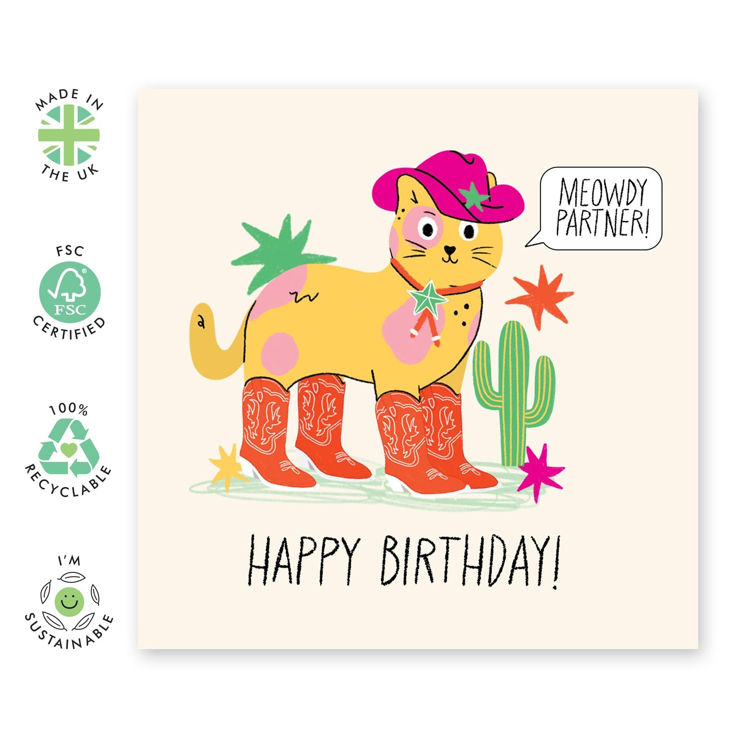 Cute Cat Birthday Card - 'Meowdy Partner' - Funny Gift for Besties, Best Friends, Mates, Buddies,Bro, Bruv, Sister, Sis, Girlfriend, Boyfriend - Cute Cat in Boots - Comes with Fun Stickers