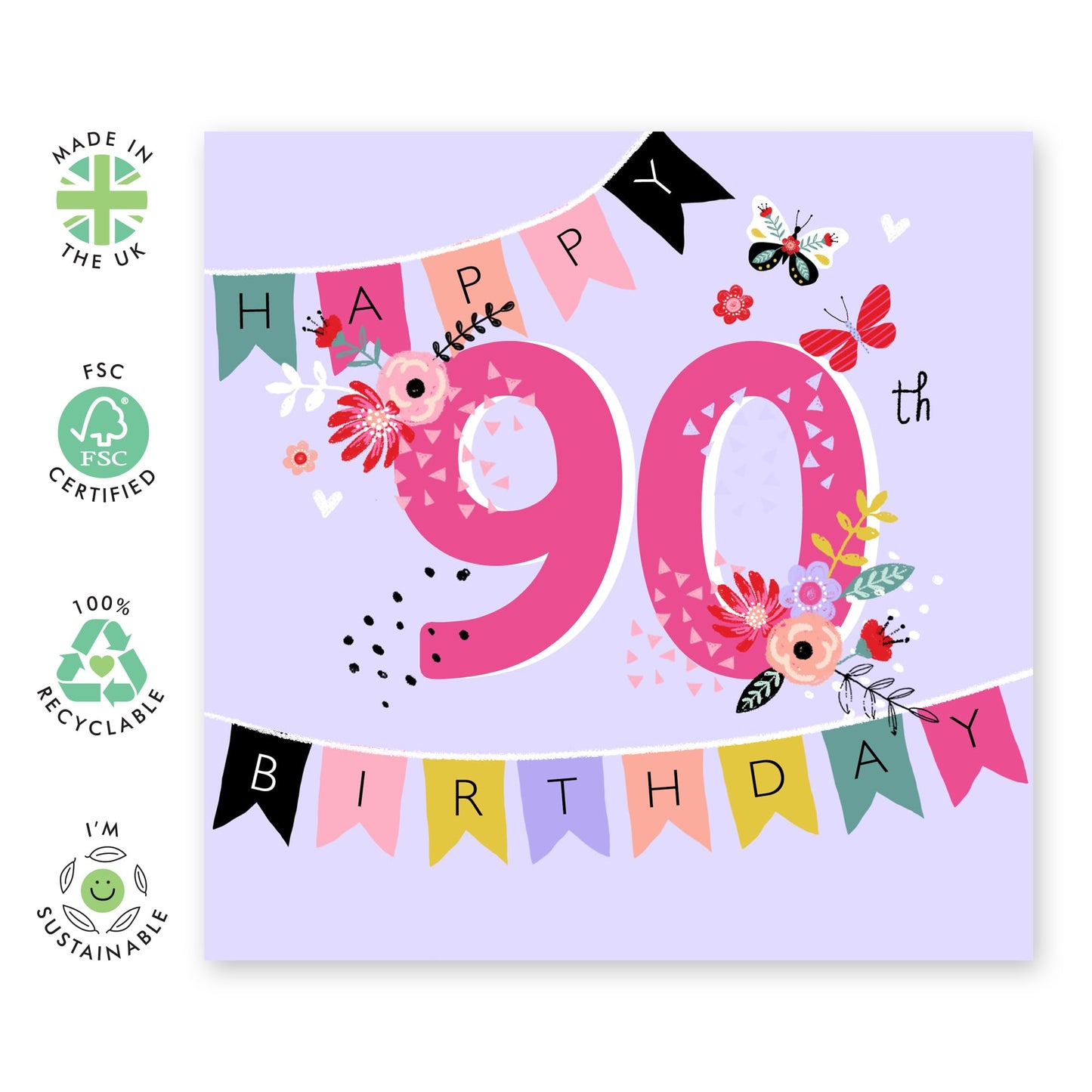 90th Birthday Card For Grandma - Pink Purple Floral - Pretty Birthday Greeting Cards For Ninety Year Old Women - Nan Birthday Card - Gifts For Mum Wife Her - Comes With Stickers By Central 23