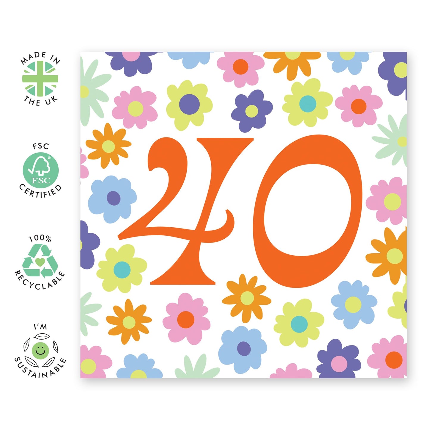 40th Birthday Card Women - Rainbow Floral 40 - Rainbow Birthday Card - Her - Wife - Sister - Happy Fortieth Birthday Greeting Card Friend - Gift For Her - Comes With Fun Stickers - By Central 23