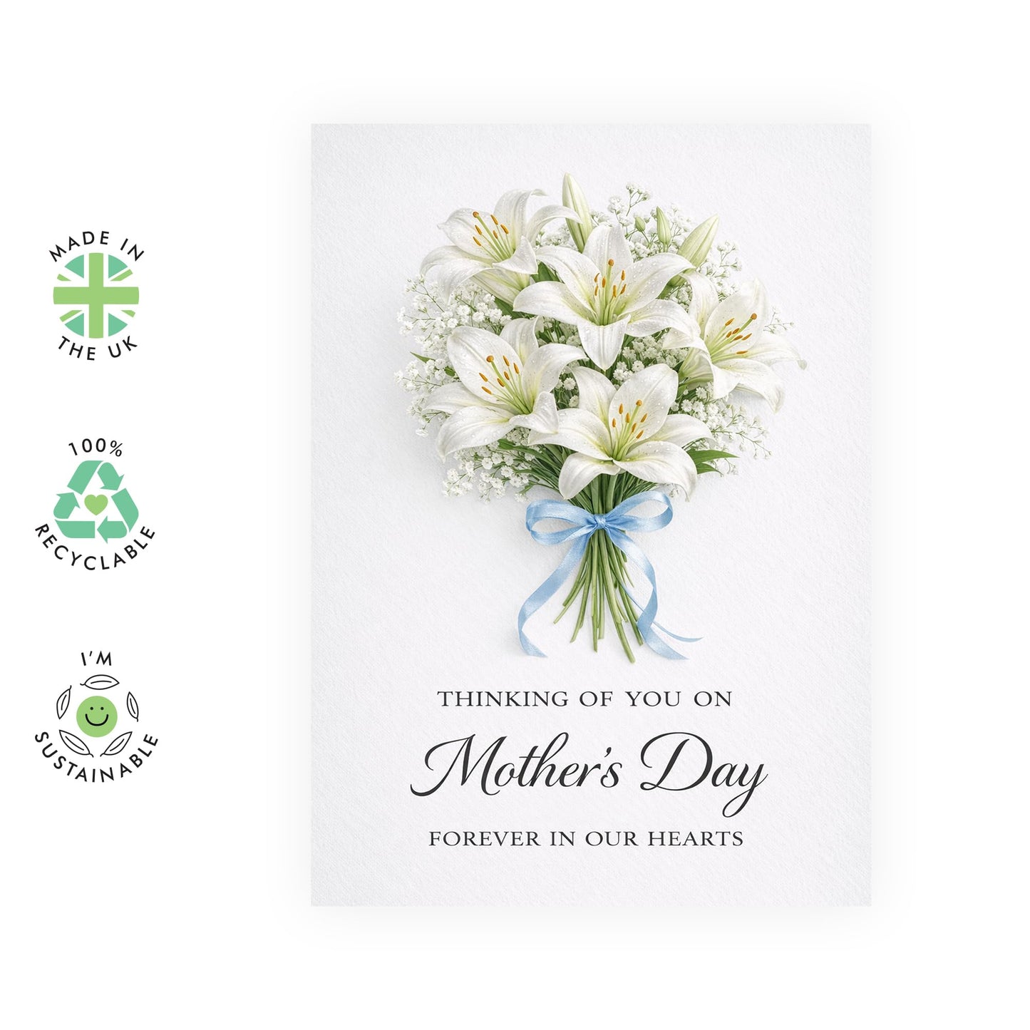 Mother’s Day Card – Thinking Of You Memorial for Mum Mama Ma Her, Sympathy Remembrance From Daughter Son Family – White Lily Bouquet Keepsake Greeting -Comes with Stickers