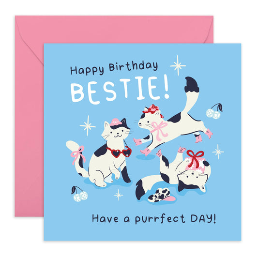 Adorable Cats Birthday Card - 'Purrfect Cat Bestie' - Gifts for Best Friends, BFF, Girlfriends, Partner, Gals, Colleagues - Meows - Comes with Fun Stickers