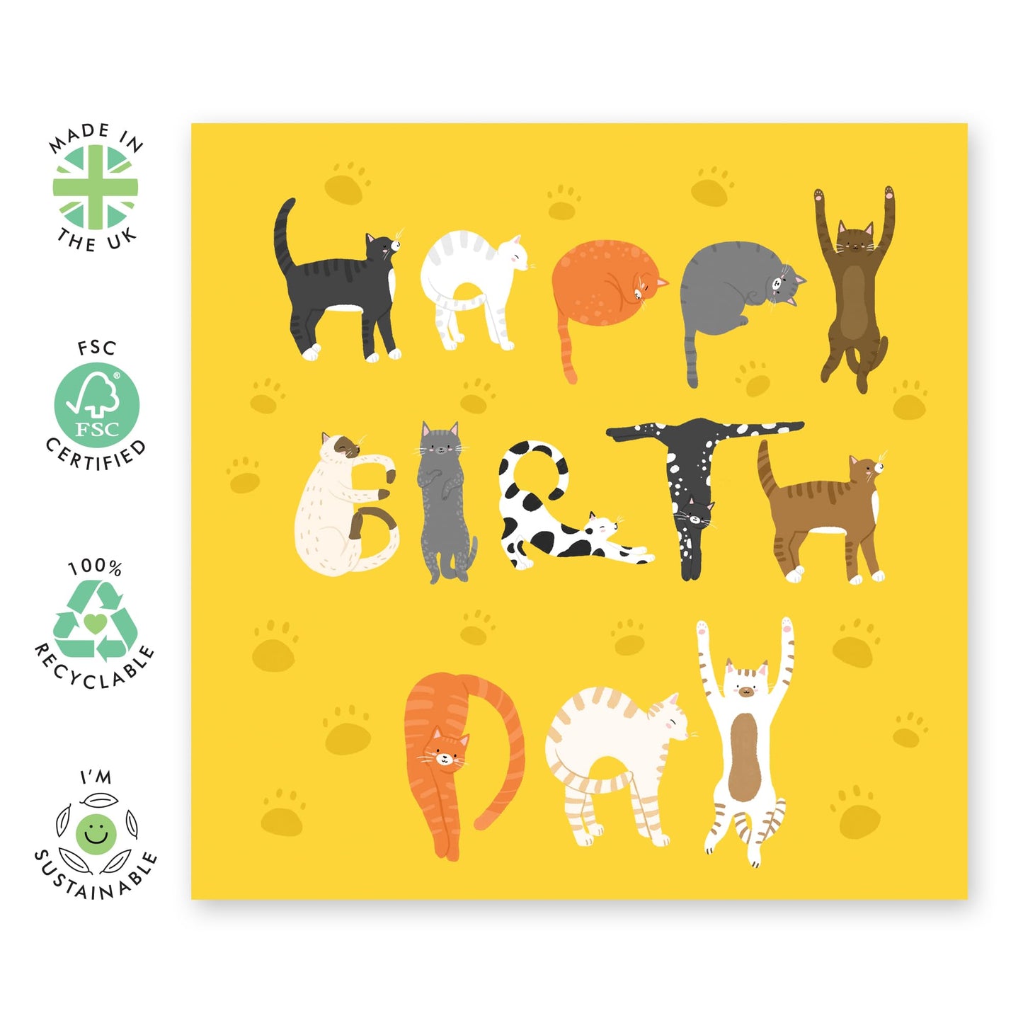 Cute Pets Birthday Card - 'Yellow Cat Birthday' - Gift for Cat Lovers, Owners, Fur Parents, Fur Mum and Dad, Kids, Children - Cat Letterings - Comes with Fun Stickers