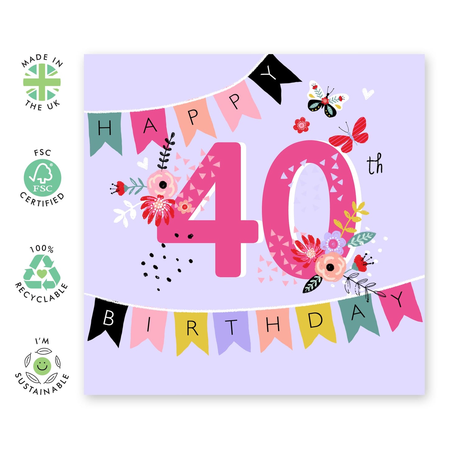 40th Birthday Card For Wife - Happy 40th Birthday Garland - Floral Birthday Card For Mum - Sister - Aunt - Happy Fortieth Birthday Greeting Card Female Friend - Comes With Stickers By Central 23