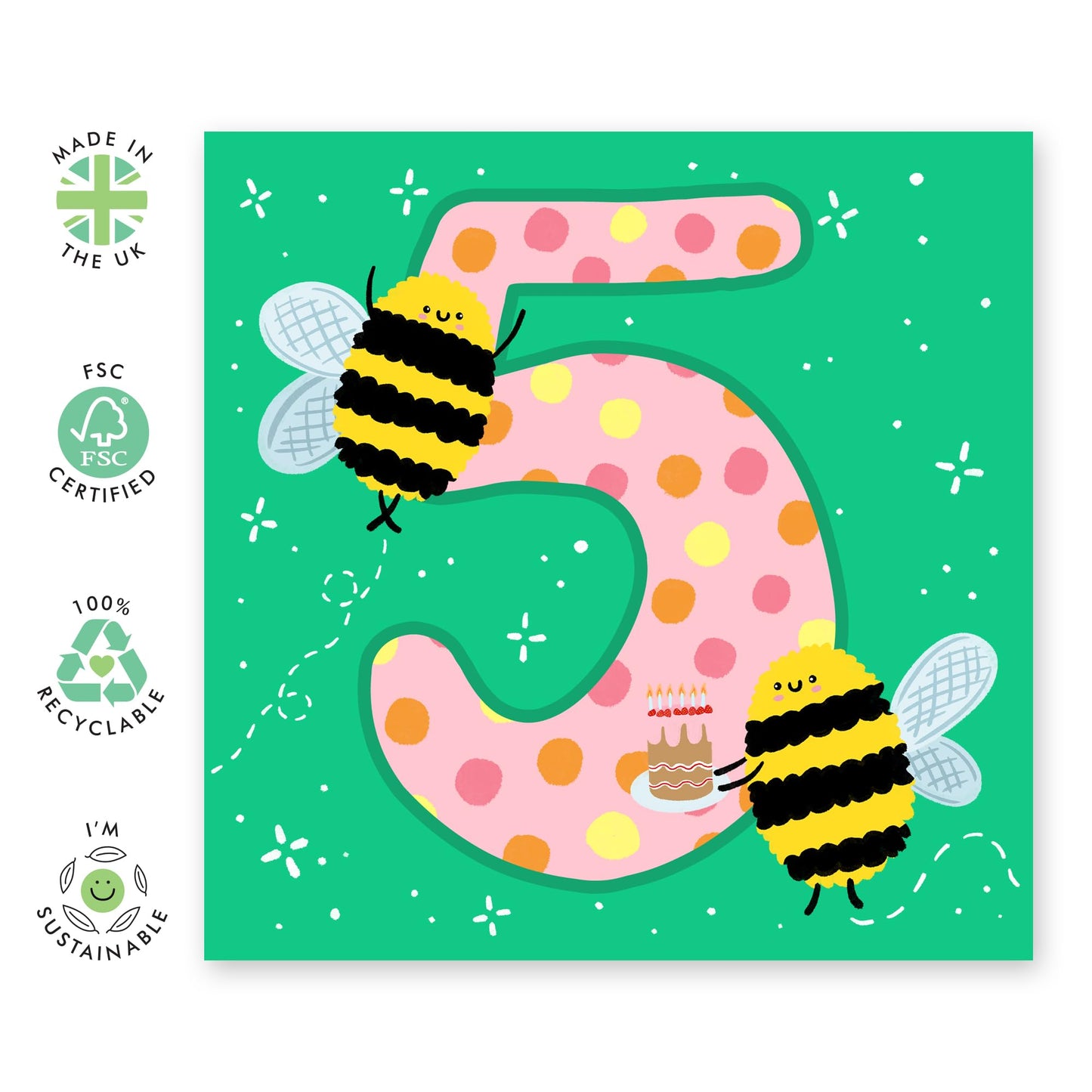 5th Birthday Card Boy Girl - Happy Birthday Cards For Kids Five Year Old - Fifth Birthday Cards For Son Daughter - Toddler Milestone Age Cards Green - Bee Gifts - Comes With Stickers By Central 23