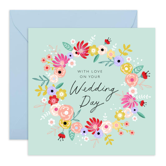 Wedding Cards For Bride And Groom - Floral Wreath Wedding Day - Congratulations Card Men Women Son Daughter - Best Wishes Gift For Him Her - Comes With Stickers By Central 23