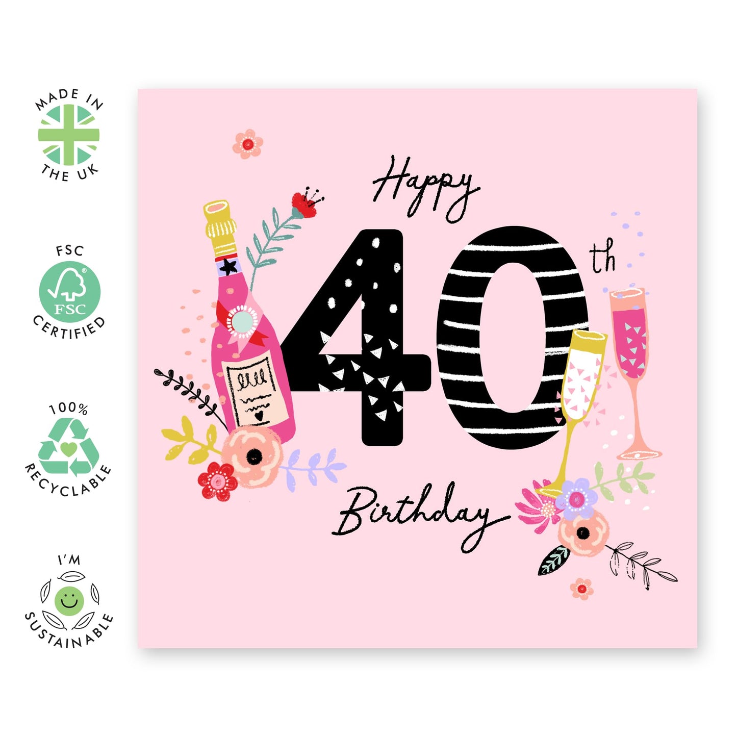 Elegant Birthday Card For Women Age 40 - Happy 40th Birthday Bubbles - Happy 40th Birthday Cards For Sister - Wife Mum Mummy - Gifts For Friends Aunt - Comes With Stickers By Central 23