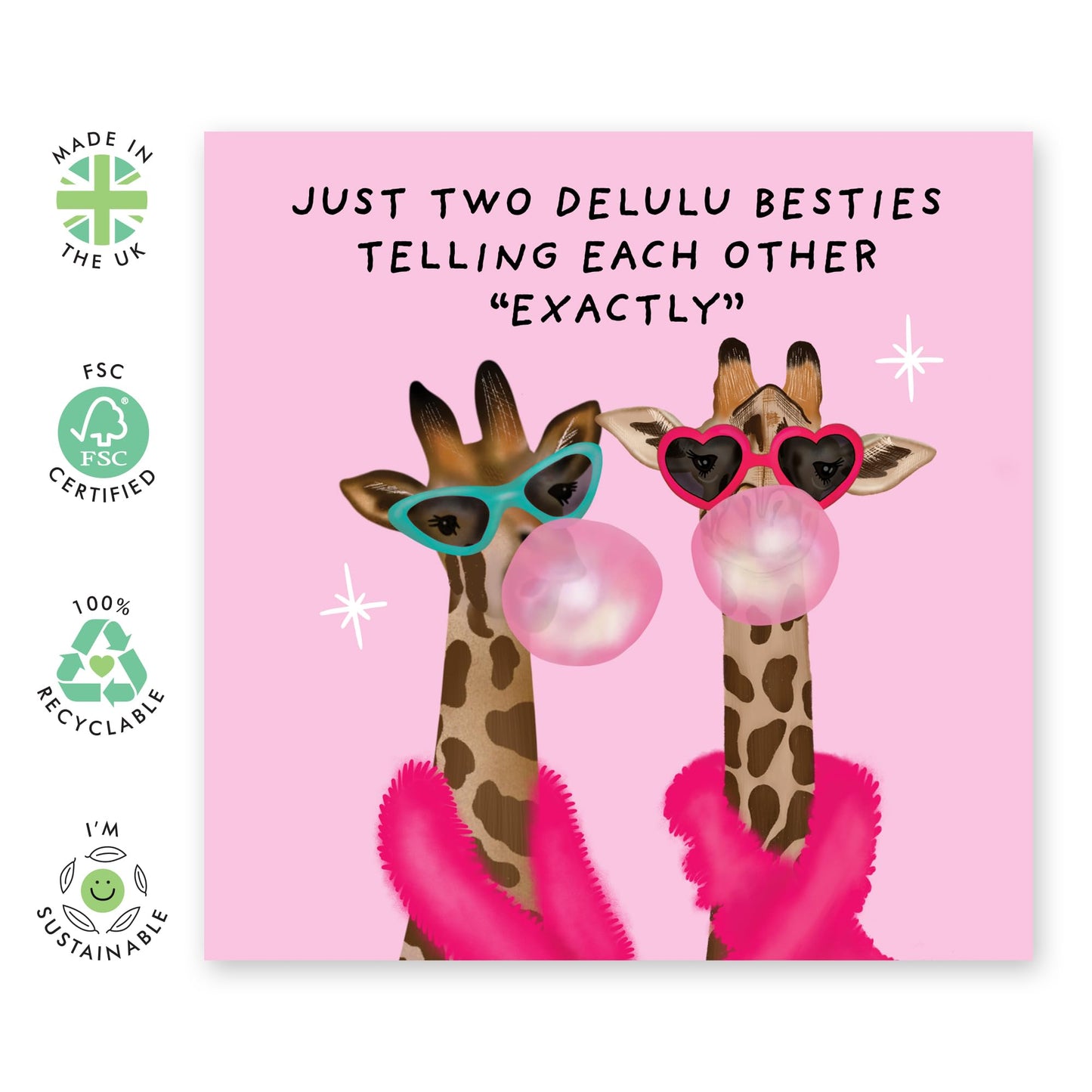 BFF Birthday Card - 'Delulu Besties' - Gifts for Close Friends, Best Friends, Girlfriends, Sister, Ladies - Sassy Giraffes - Comes with Fun Stickers