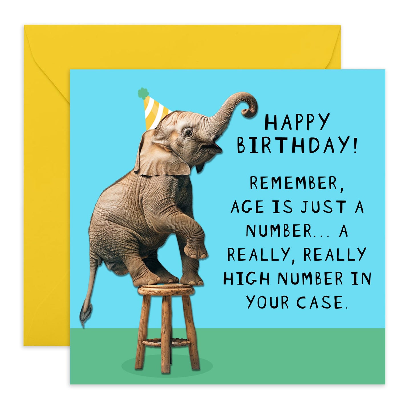 Jokes on Age Birthday Card - 'Birthday Elephant' - Gifts for Husband, Friend, BFFs, Bruv, Buddies, Mate, Grandfathers, Uncles - High Age - Comes with Fun Stickers