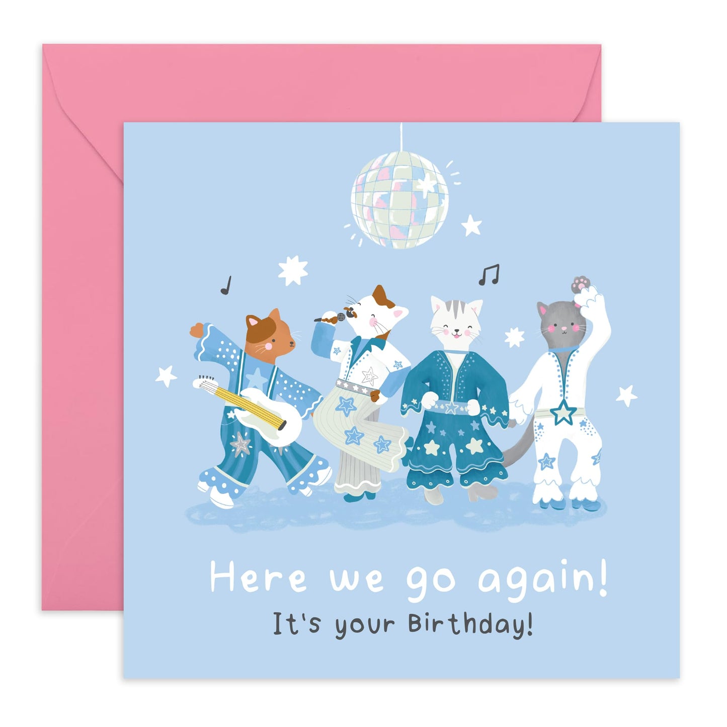 Disco Birthday Card - 'Here We Go Again Abba Cats' - Gifts for Women, Men, Him, Her, Best Friend, Besties, Sister, BFF - Dancing & Drinks - Comes with Fun Stickers