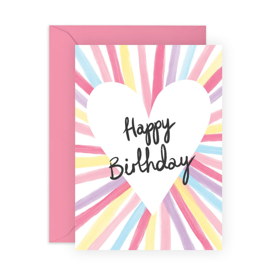 Simple Heart Birthday Card - 'Happy Birthday Heart Stripes' - Gifts for Sister, Mum, Ladies, Besties, Best Friends, BFF, Her - Colours - Comes with Fun Stickers