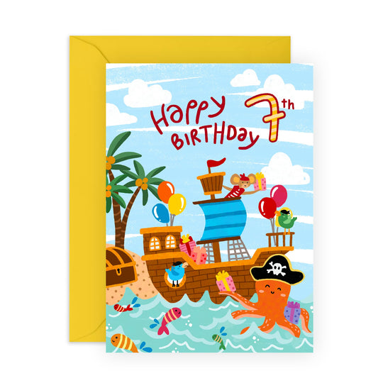 Happy Birthday Card For Boy 7th Birthday - Animal Pirates Ship Treasure - Seventh Birthday - Gifts For Son Grandson Brother - Age Seven - 7 Year Old - Comes With Stickers - By Central 23