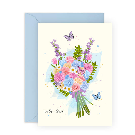 Flower Bouquet Card For Women - Butterfly Birthday Card For Her - Love Cards And Envelopes - Floral Greeting Cards For Mother's Day Valentine Anniversary Sympathy - Comes With Stickers - By Central 23