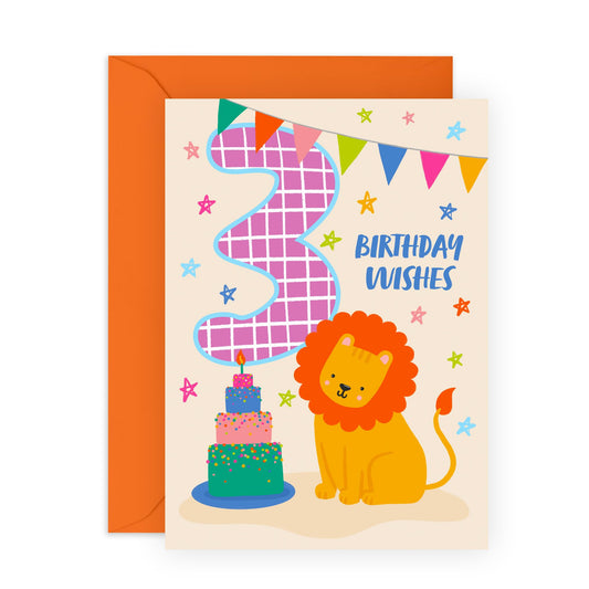 Kids Birthday Cards Age Three - Bday Cake Lion - 3rd Birthday Cards For Girls Boys Toddlers - Gifts For Son Daughter Niece Nephew Godson - Happy Third Bday Card - Comes With Stickers By Central 23