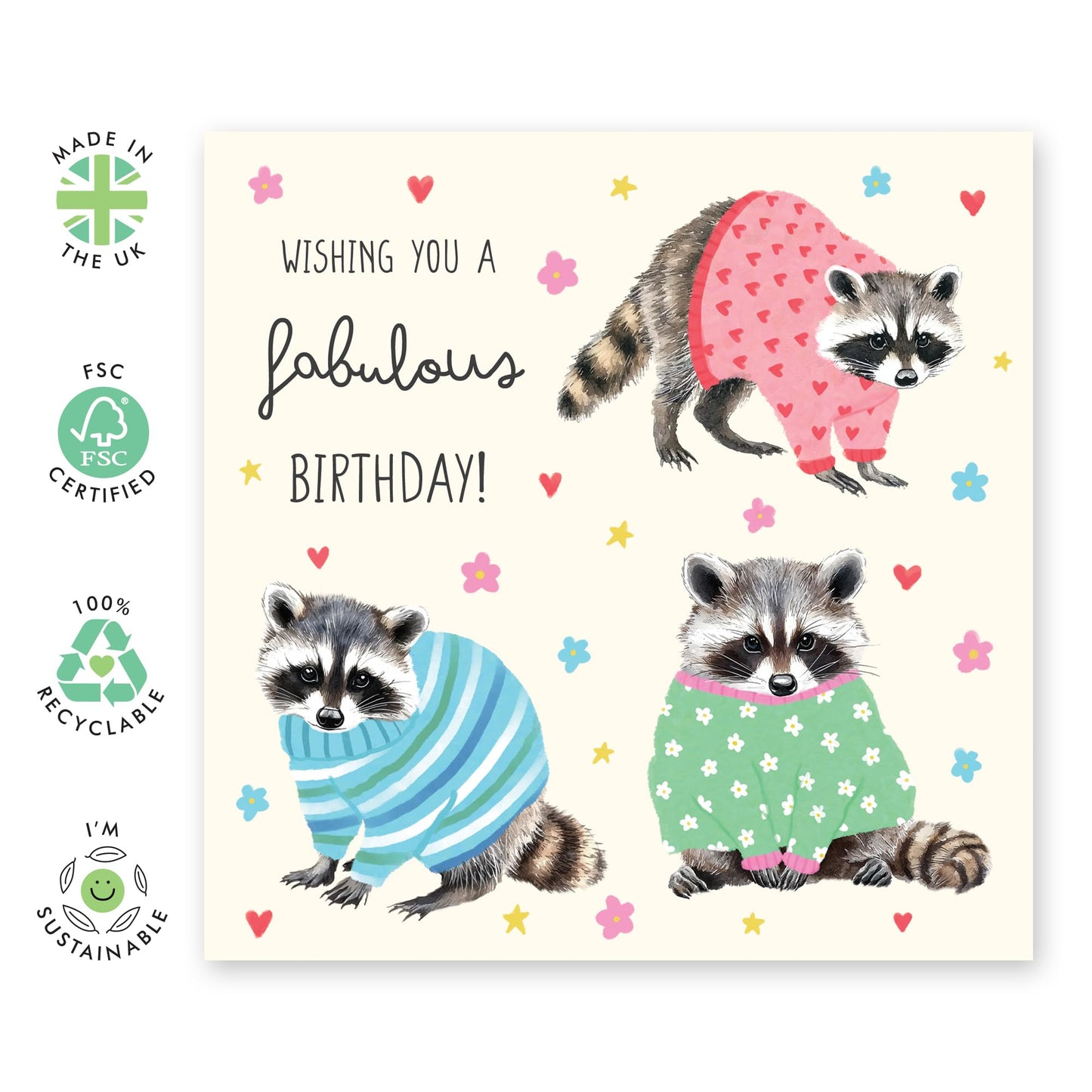 Animals In Sweaters Birthday Card - 'Fabulous Birthday Raccoons' - Gifts for Girls, Daughter, Niece, Grandaughter, Bestie, BFF, Friends, Her - Cute Hearts - Comes with Fun Stickers